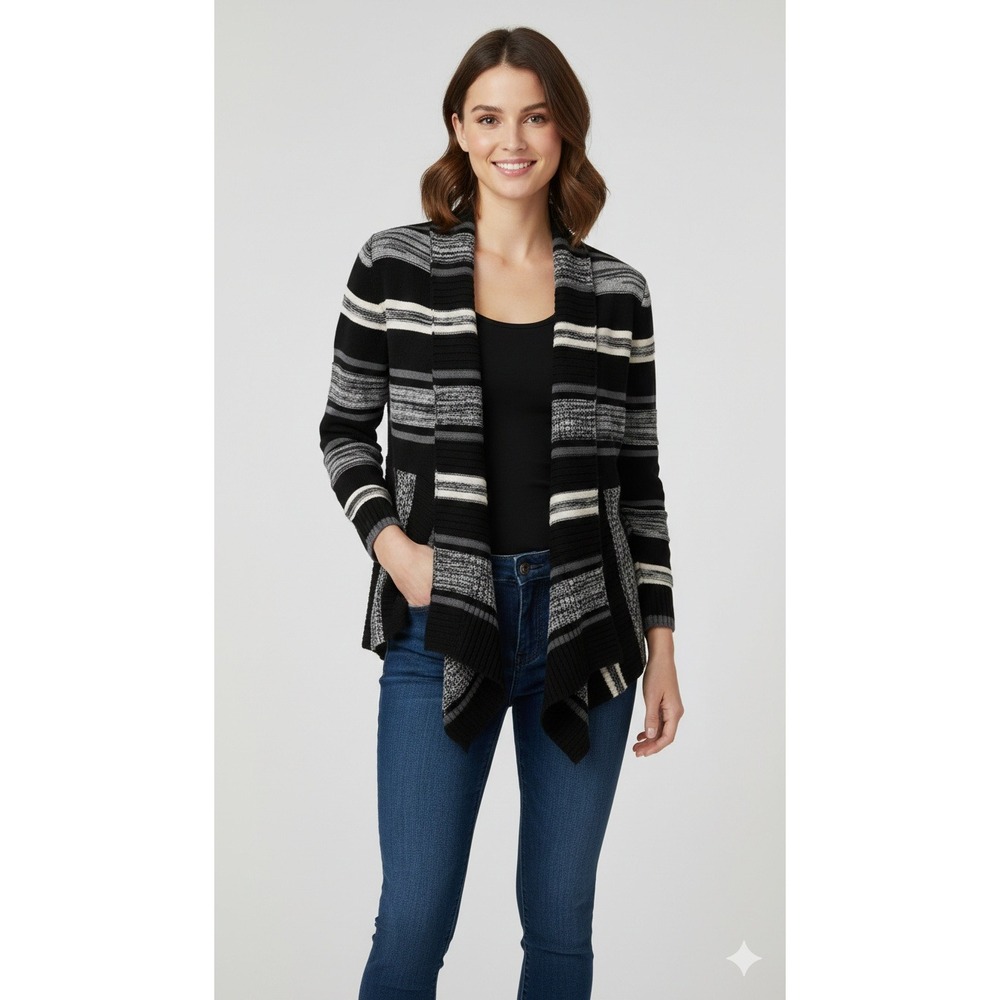 St John's Bay Striped Open Front Cotton Cardigan Sweater Black Grey PL